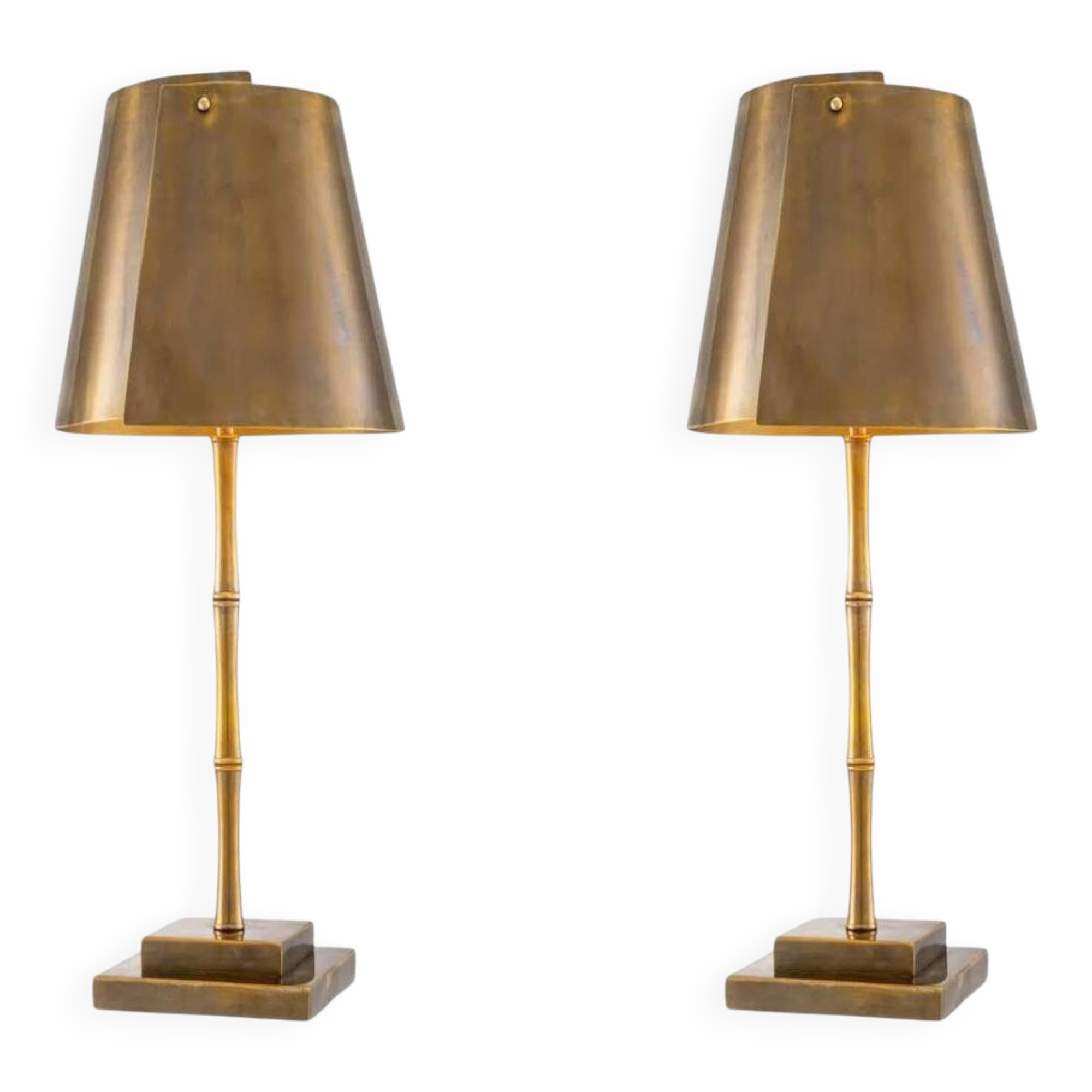 Pair of patinated brass table lamps with bamboo decoration.