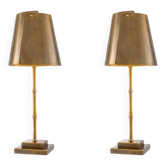 Pair of patinated brass table lamps with bamboo decoration.