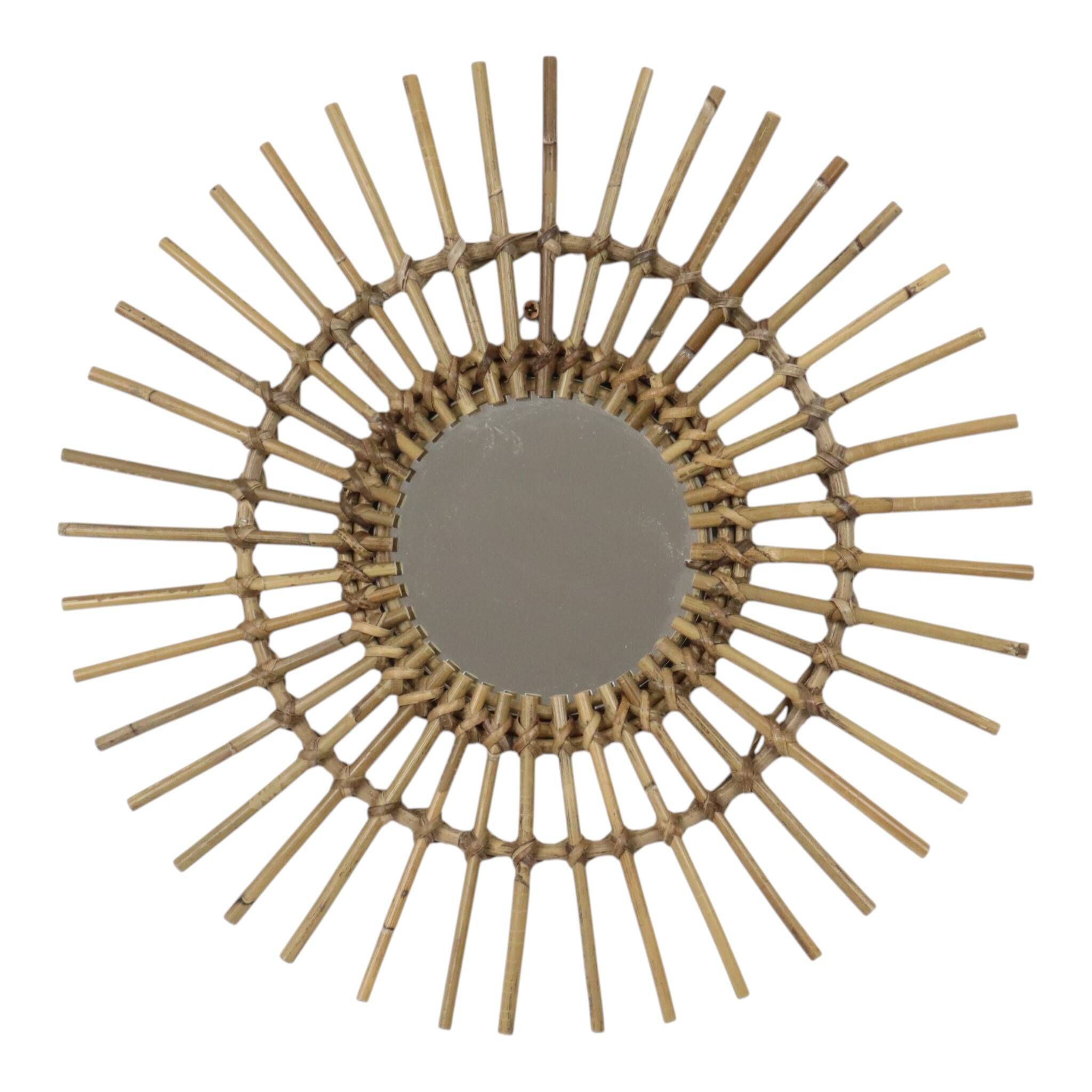 Miroir en rotin et bambou en forme de soleil du milieu du siècle, France, 58 cm