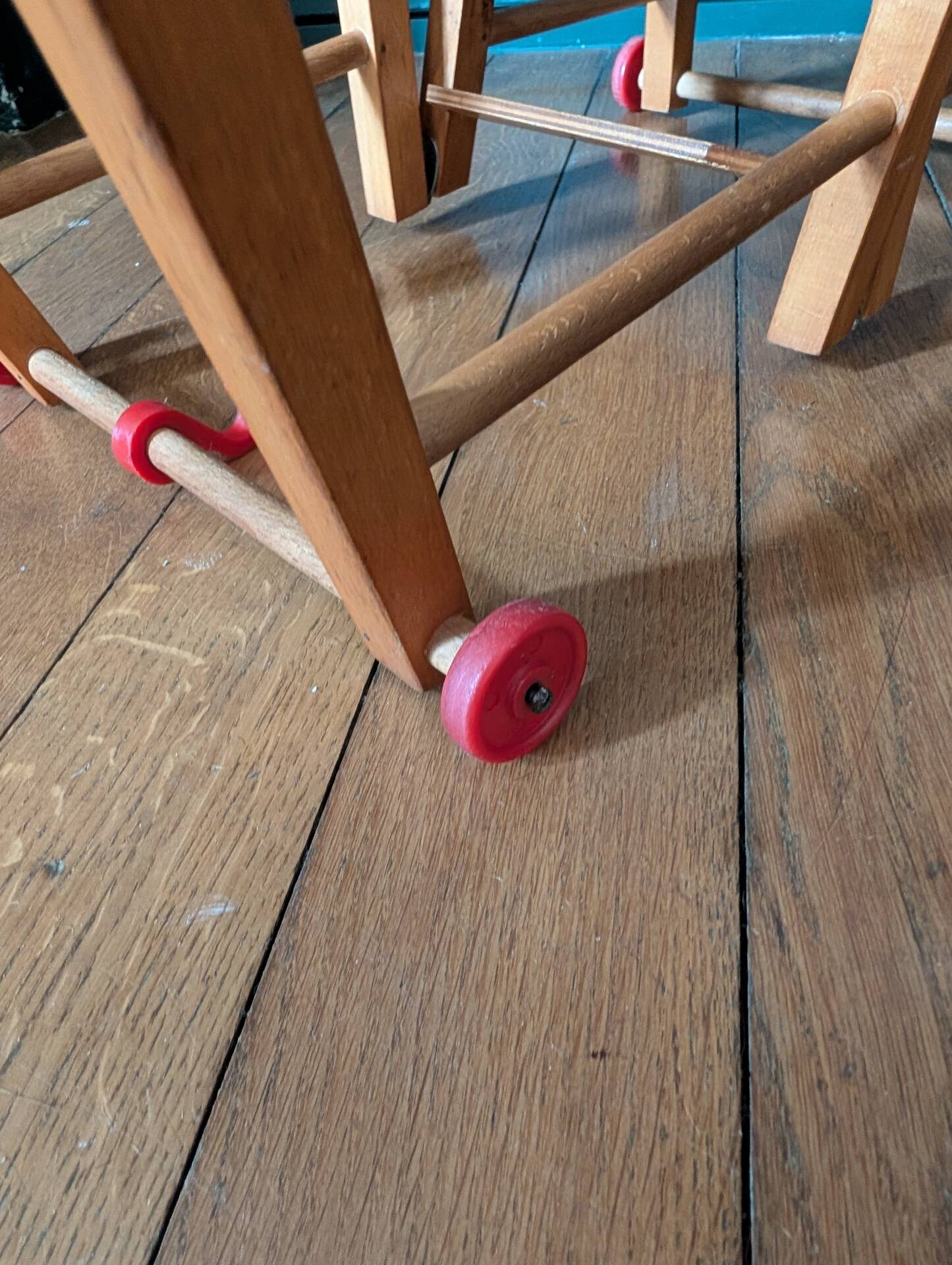 Doll high chair in wood – 1970s, foldable and on wheels