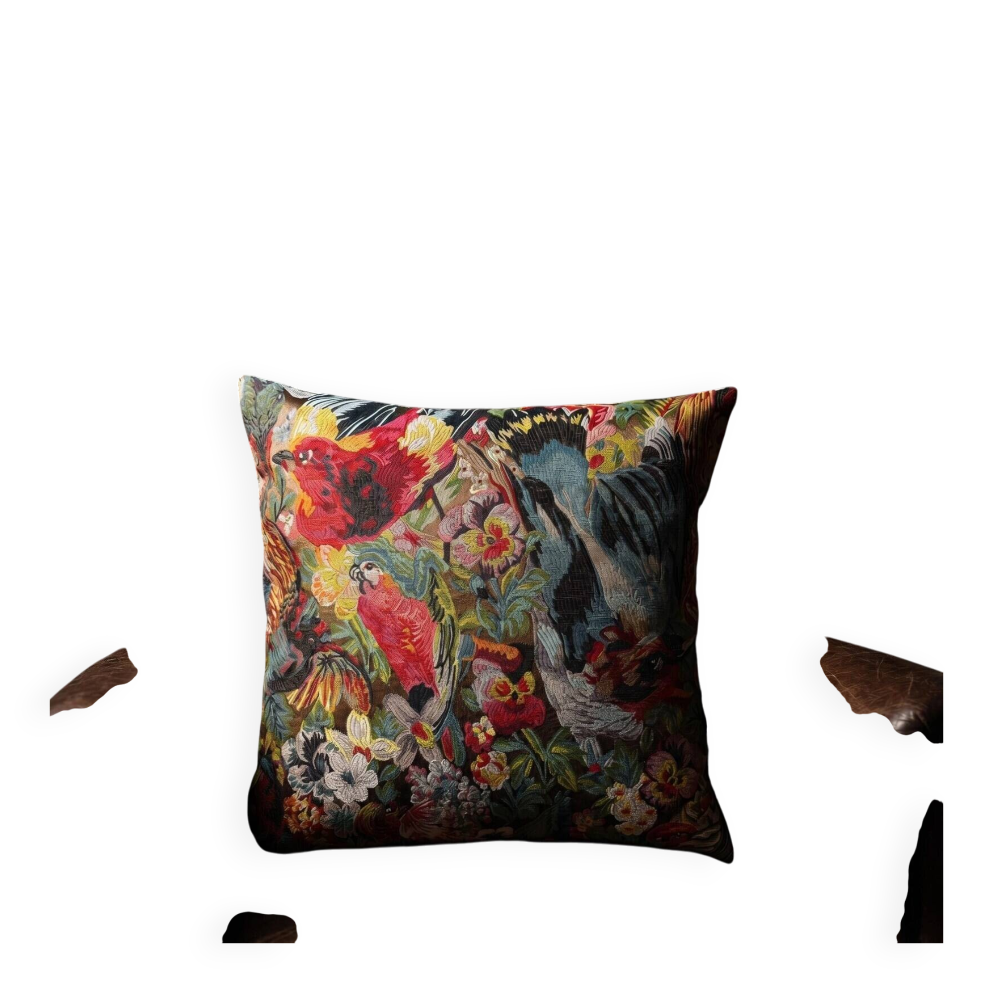 Woven Cushion, Crimson Macaw Parrot Jacquard, Dark Ground Pillow Cover
