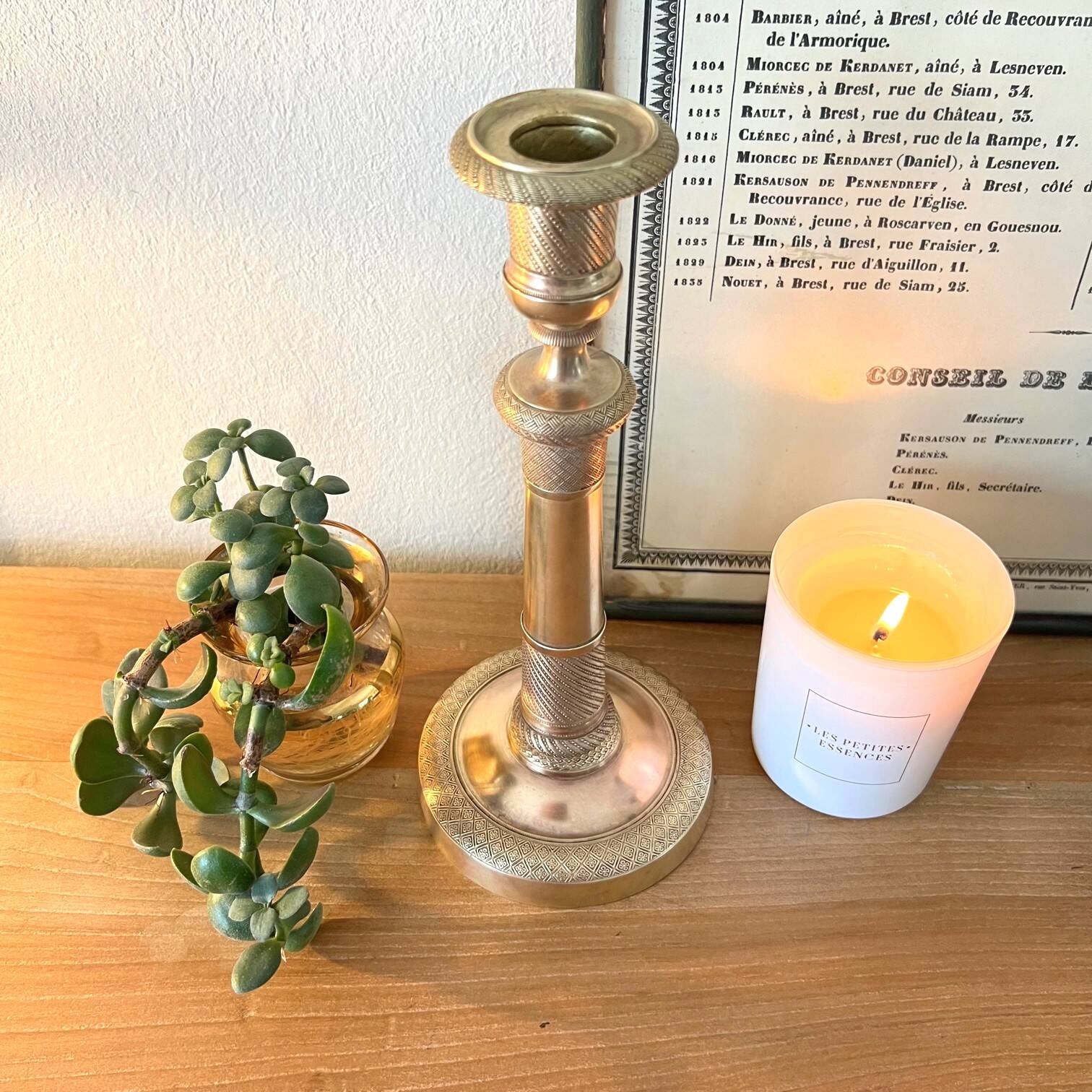 Large chiseled brass candle holder h24 cm