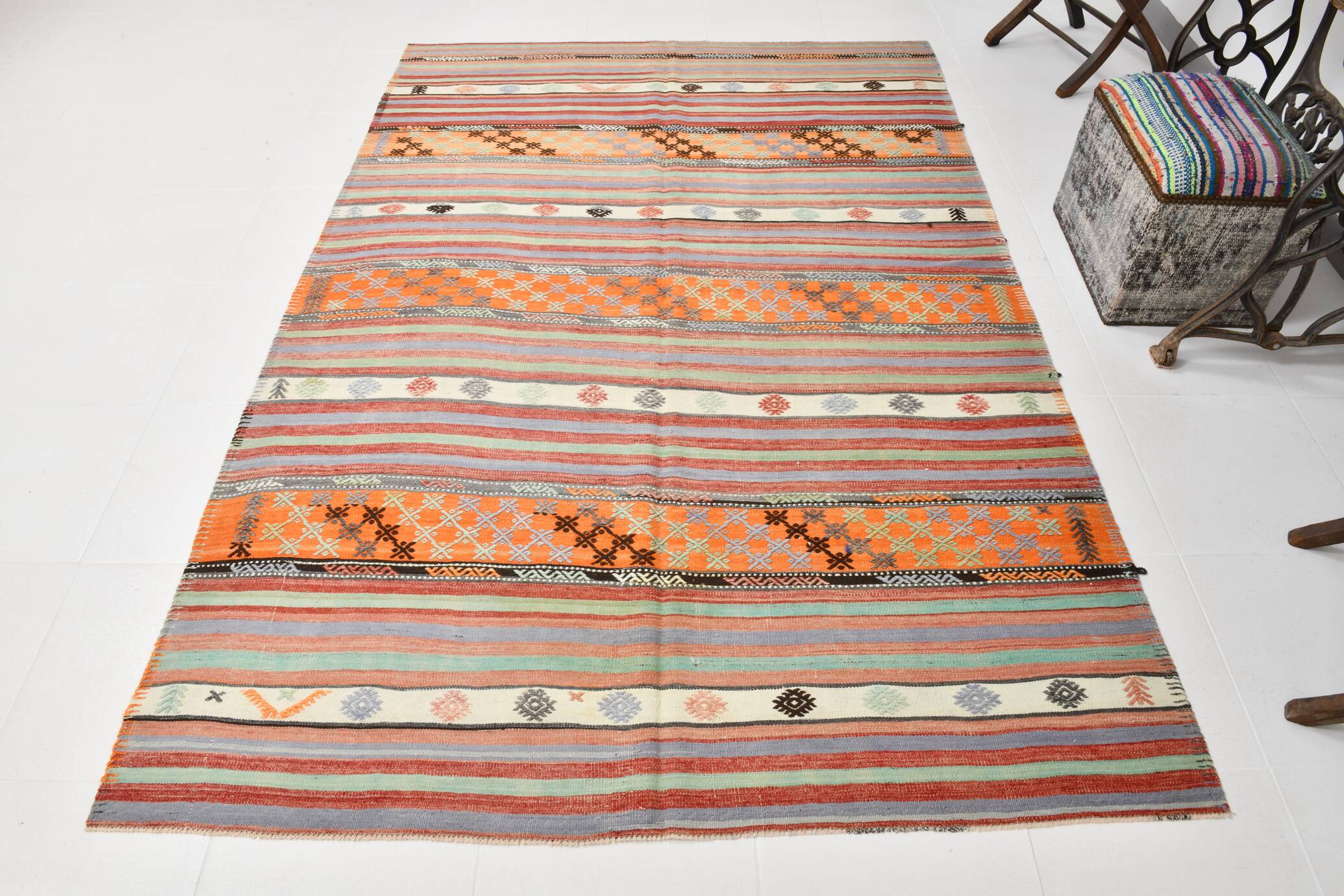 5x8 Orange & Red Striped Vintage Kilim Rug, 173x255Cm SK 32784