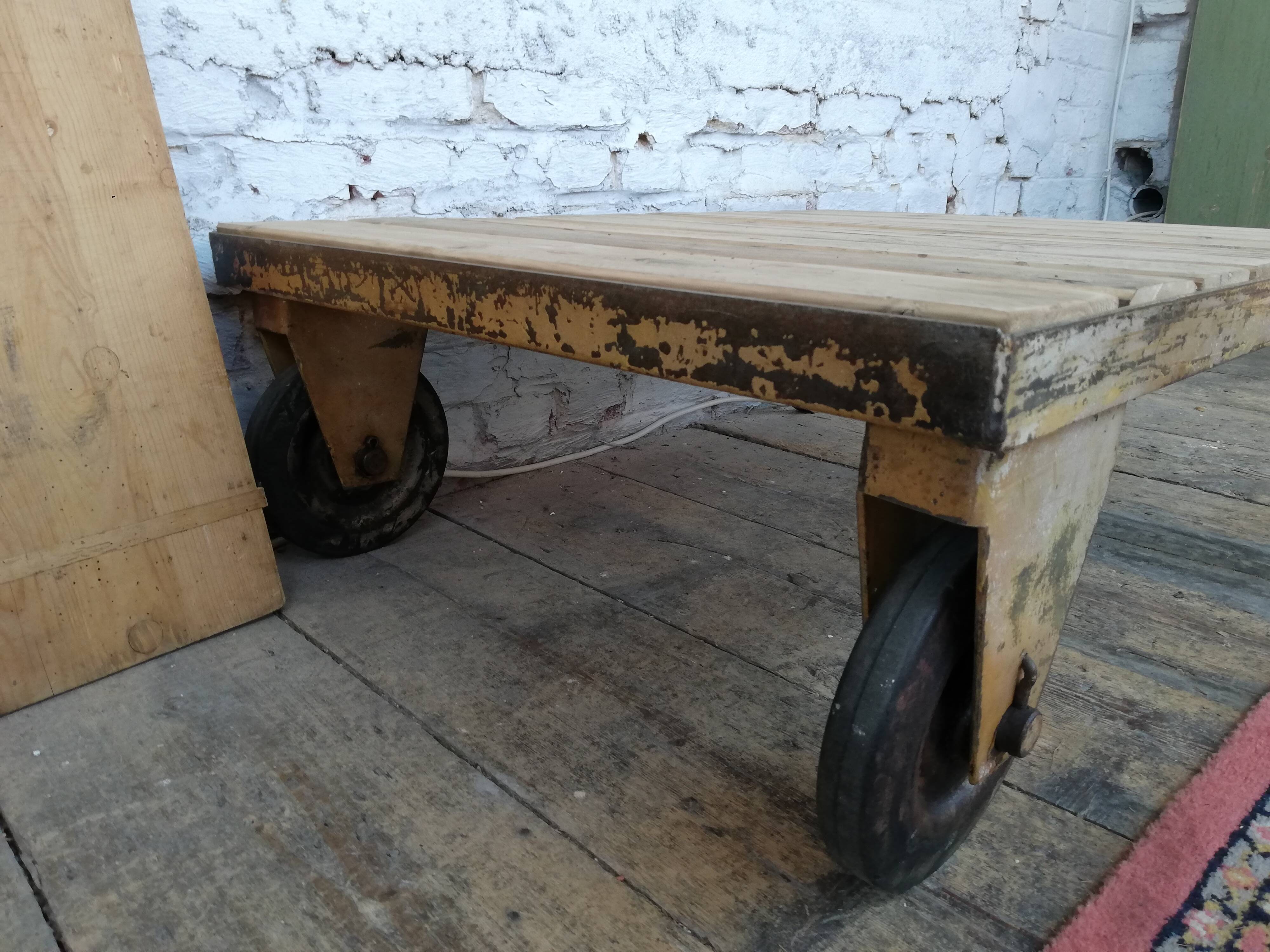 Wooden and metal coffee table, old industrial trolley