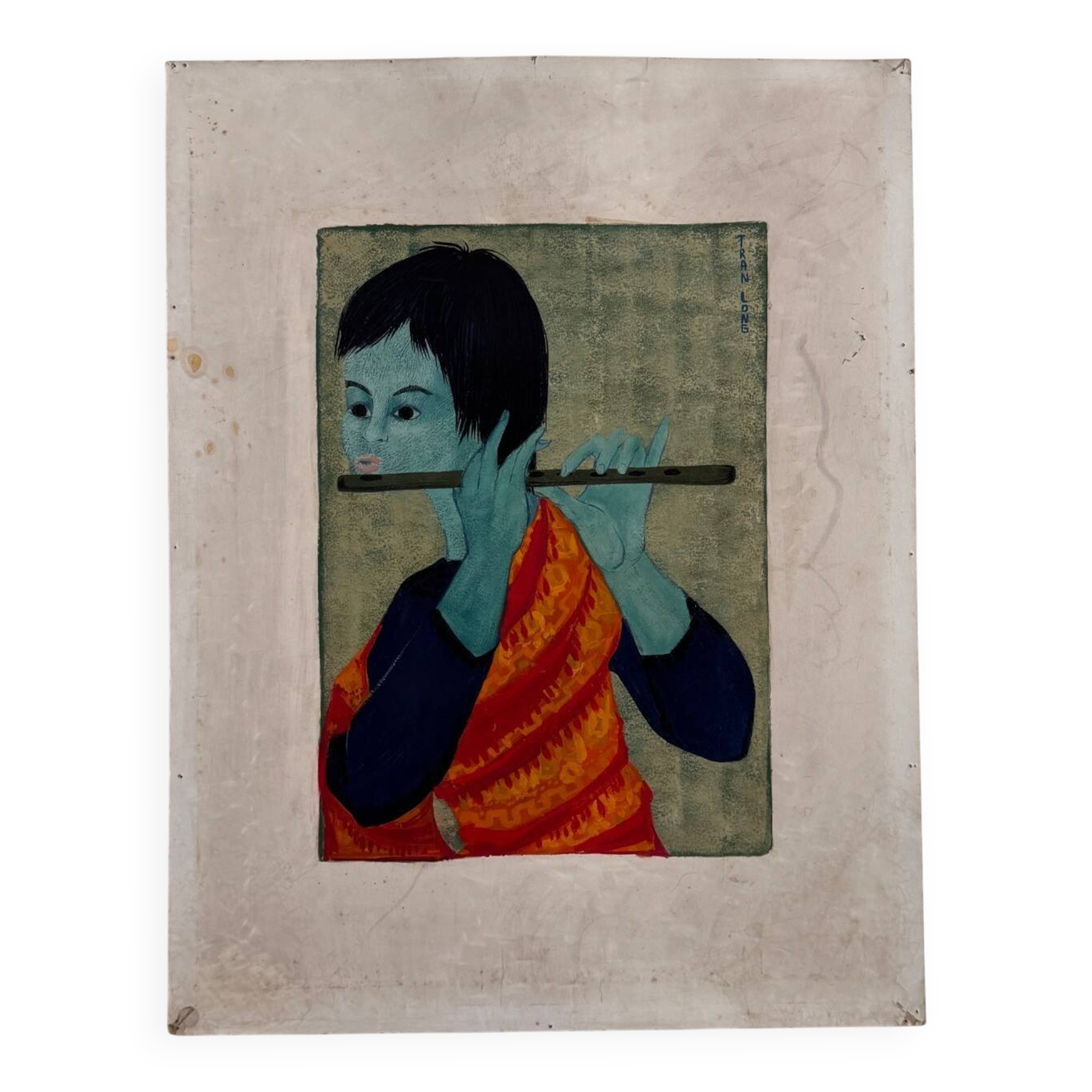 Acrylic on paper, flute player, by Tran Long, 20th century