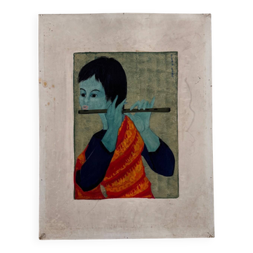 Acrylic on paper, flute player, by Tran Long, 20th century