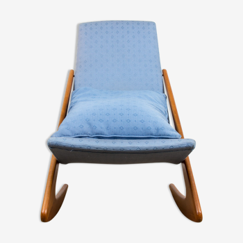 Large Danish rocking chair boomerang model by Mogens Kold in Teak and fabric 1960.
