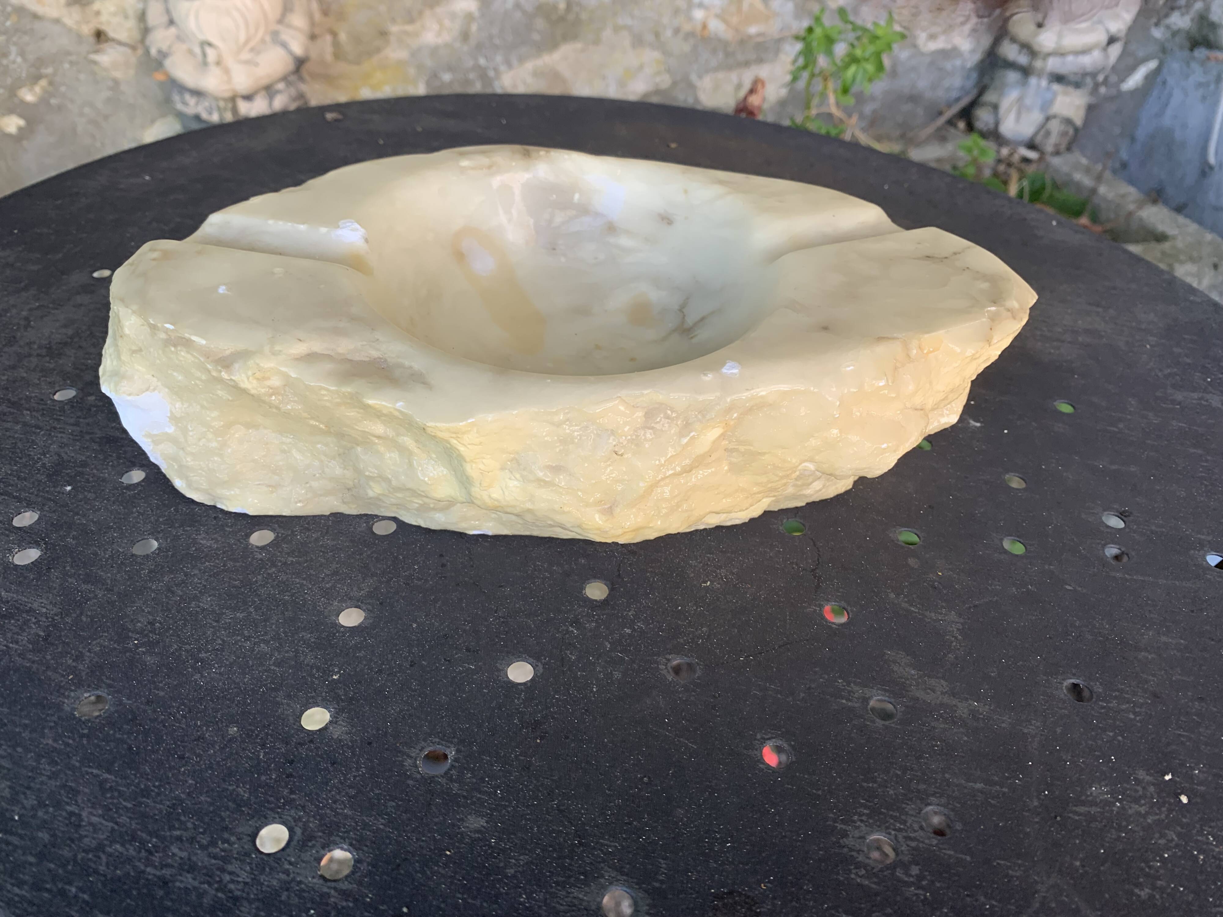 Large marble ashtray, white, beige, gray veins, vintage stone