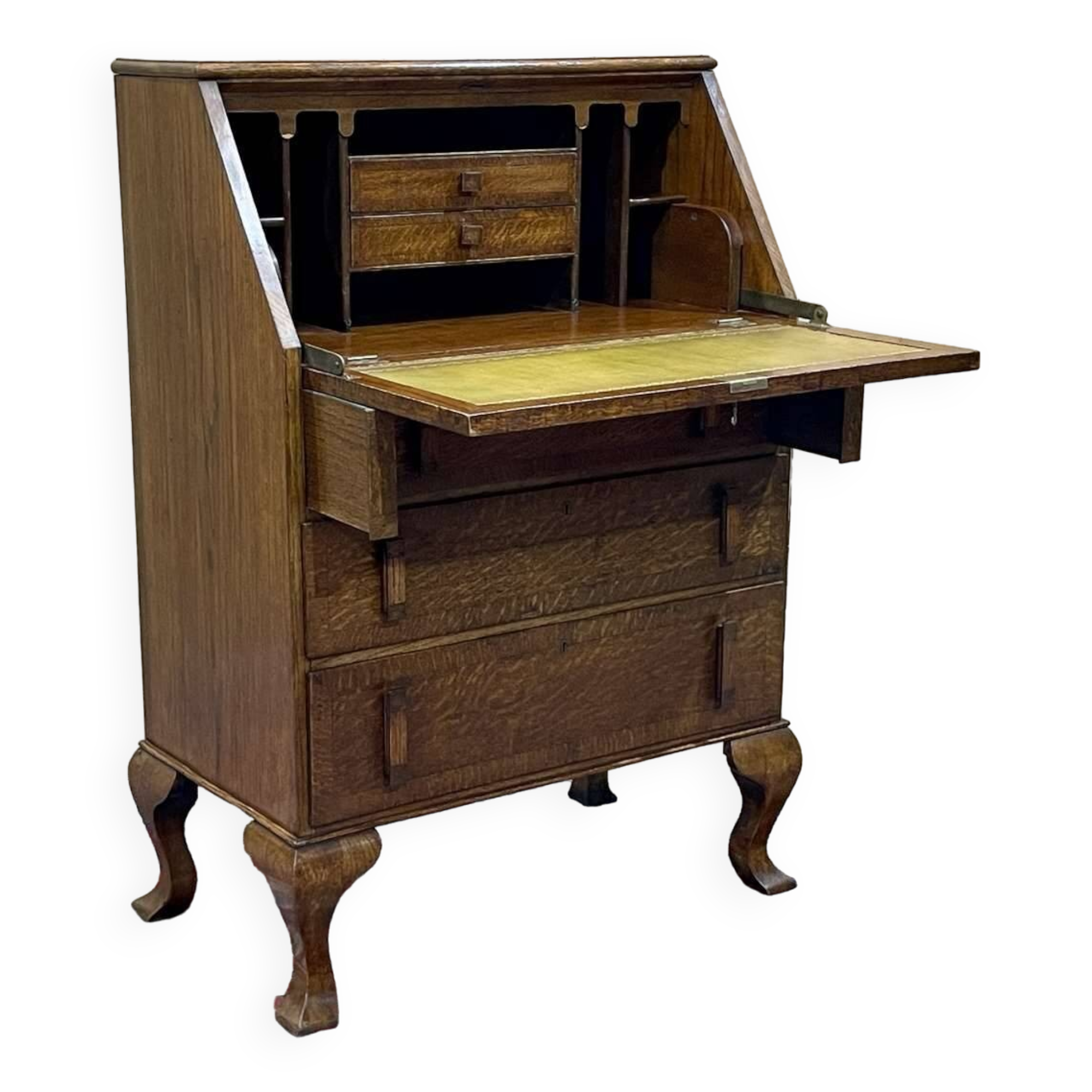 English donkey desk in oak and leather top, 1950s