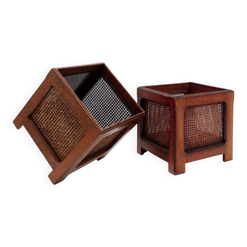 Pair of vintage wooden planters with woven rattan panels - 1970s