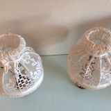 Pair of turned wooden bedside lamps and lace/vintage lampshade 60s-70s