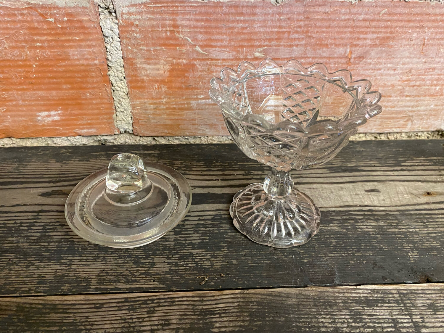Antique glass candy dish, sugar bowl, footed, vintage molded glass