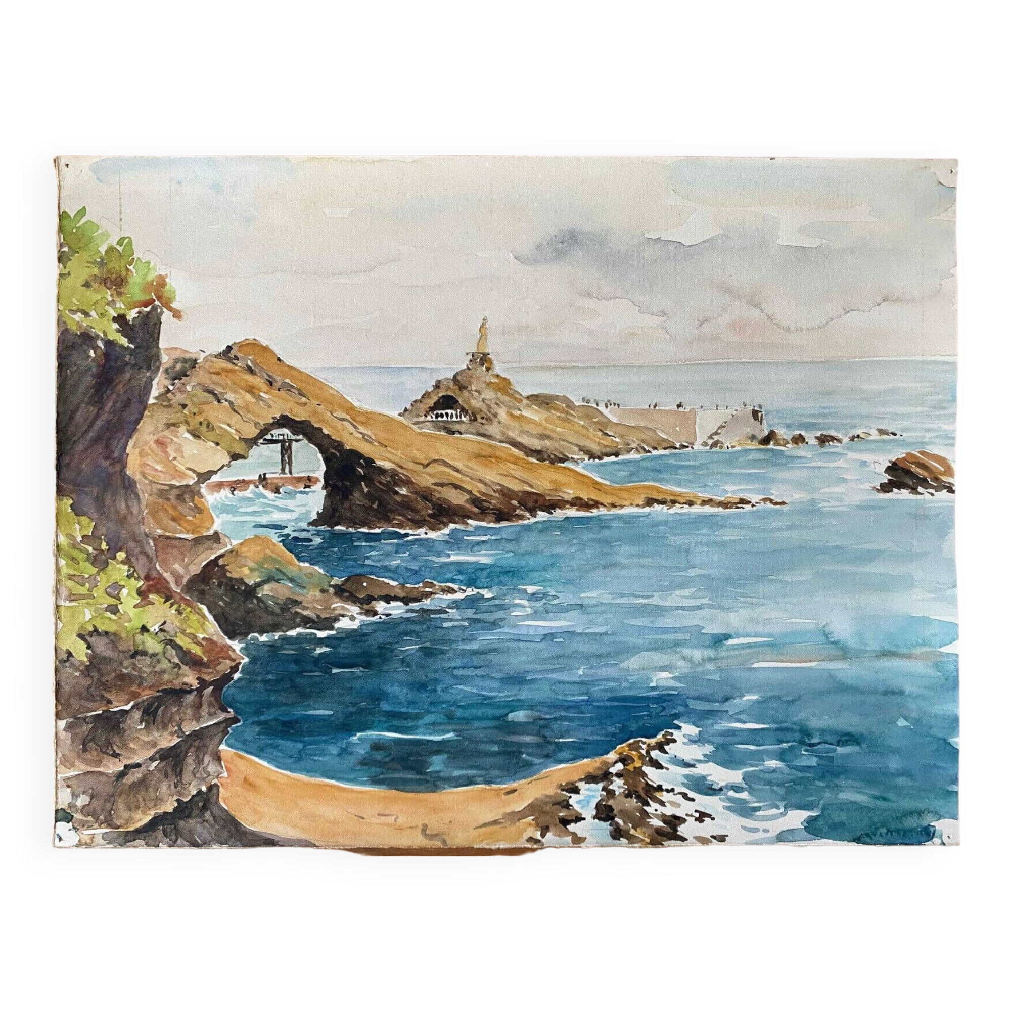 Watercolor Painting Seaside "Rock of the Virgin" Basque Country circa 1950