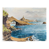 Watercolor Painting Seaside "Rock of the Virgin" Basque Country circa 1950