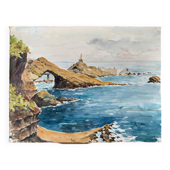 Watercolor Painting Seaside "Rock of the Virgin" Basque Country circa 1950