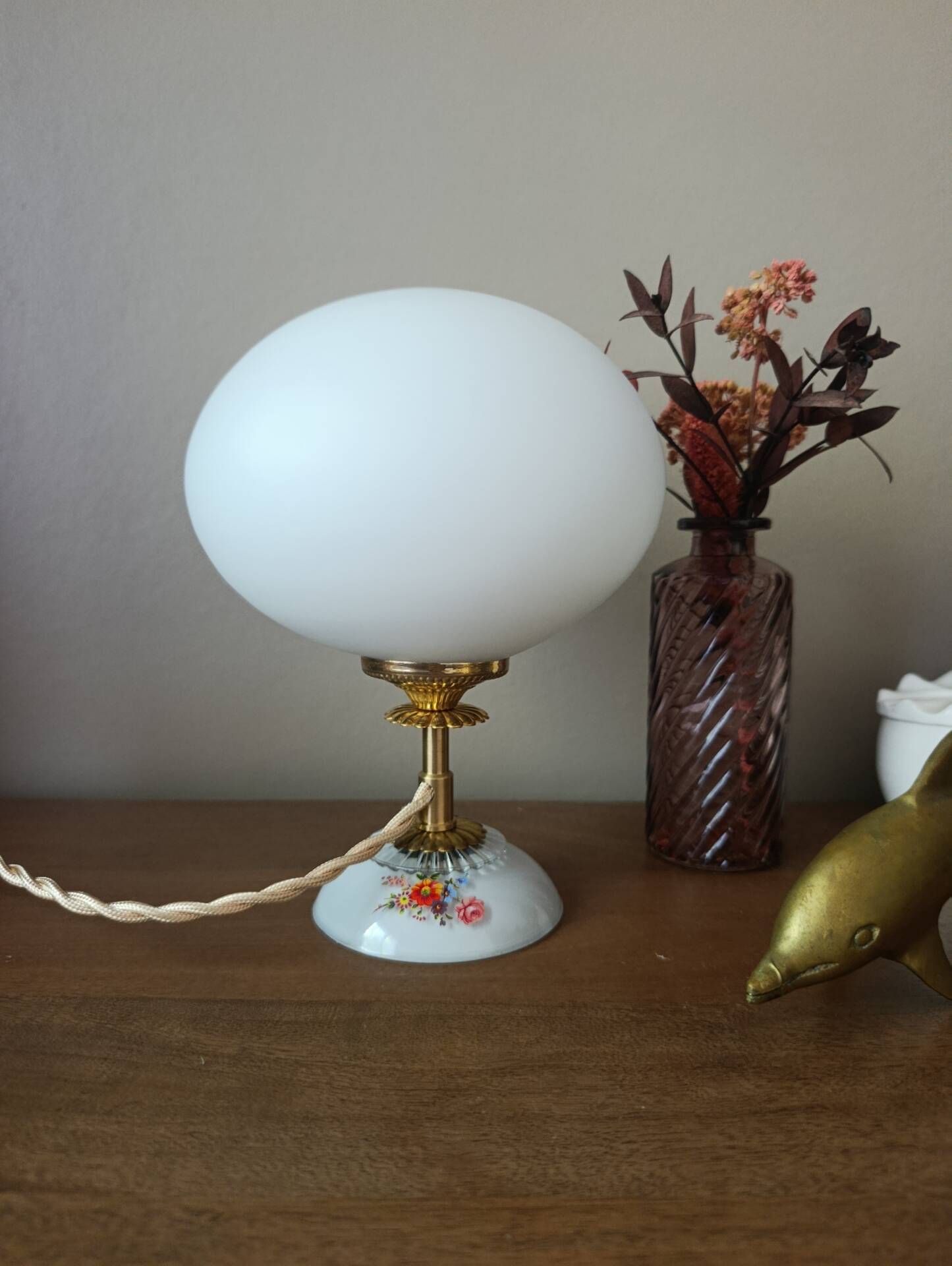 Opaline lamp & retro chic flowers, unique upcycled creation