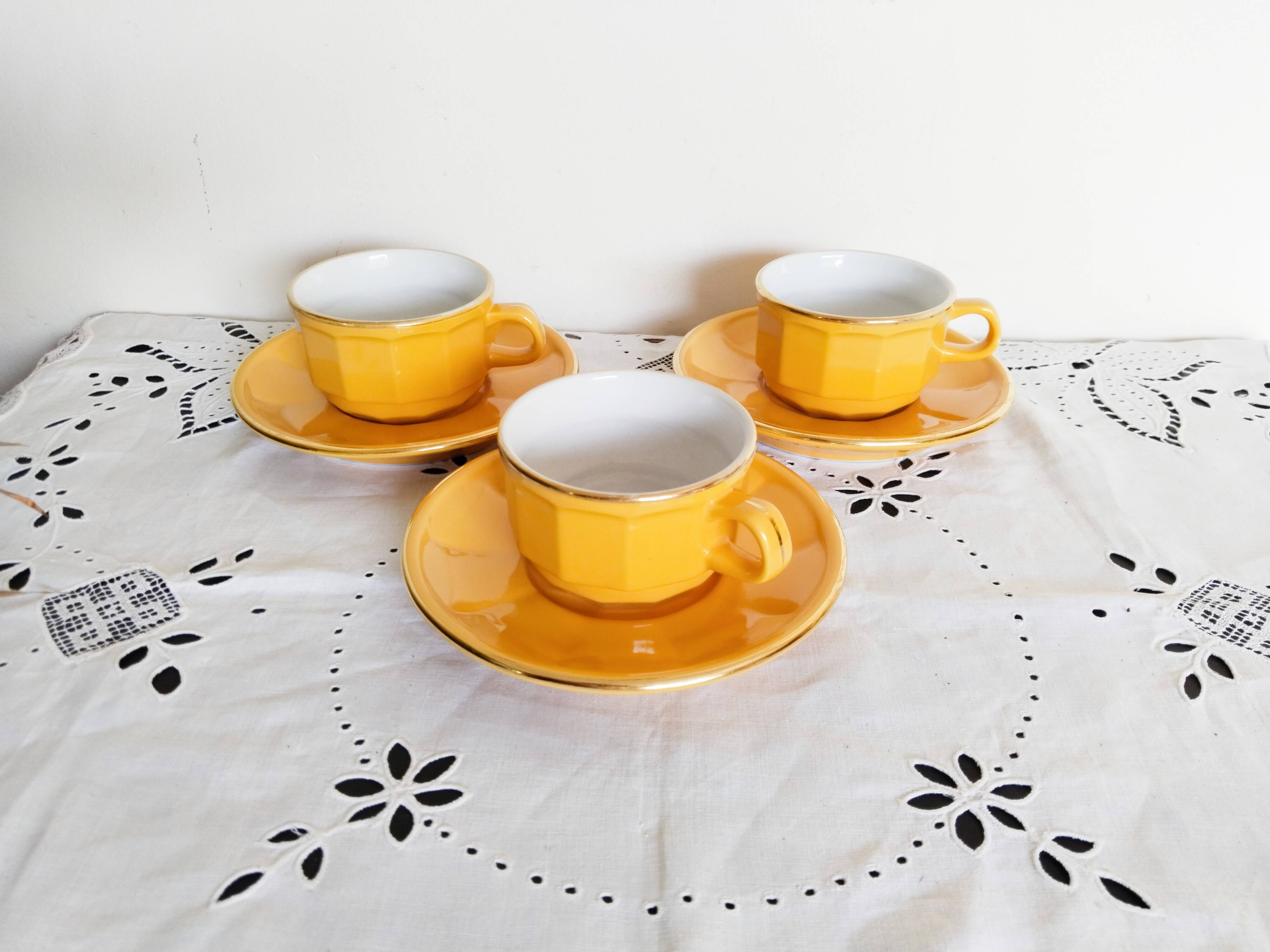 Apilco yellow chocolate cups and saucers, porcelain, Revol