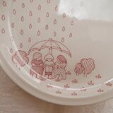 Set of 6 Sarreguemines plates, naïve décor, children in the rain