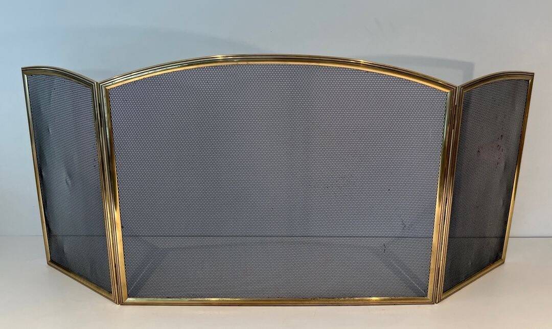 Three-Panel Neoclassical Fire Screen with Wire Mesh and Brass Frame