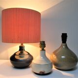 Three vintage ceramic lamps in blue, white and suede