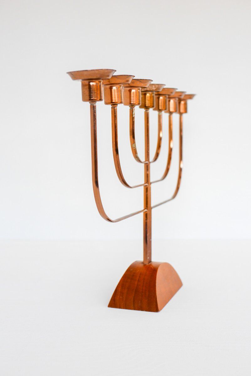 Large vintage brass and elm candelabra, 1940s