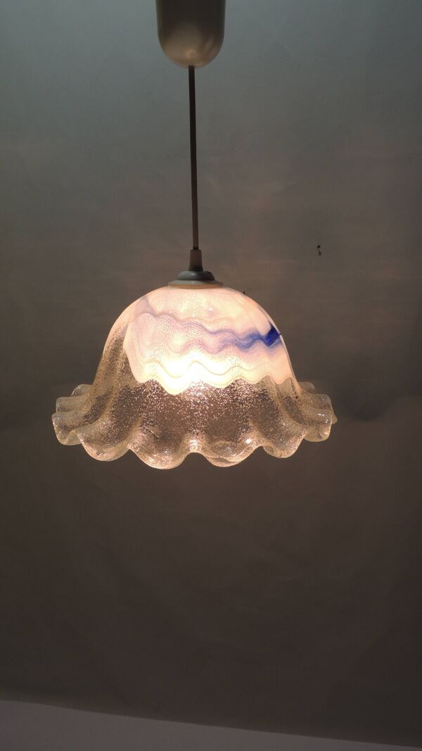 Suspension vintage verre soufflé Murano coquillage bleu blanc lampe plafonn