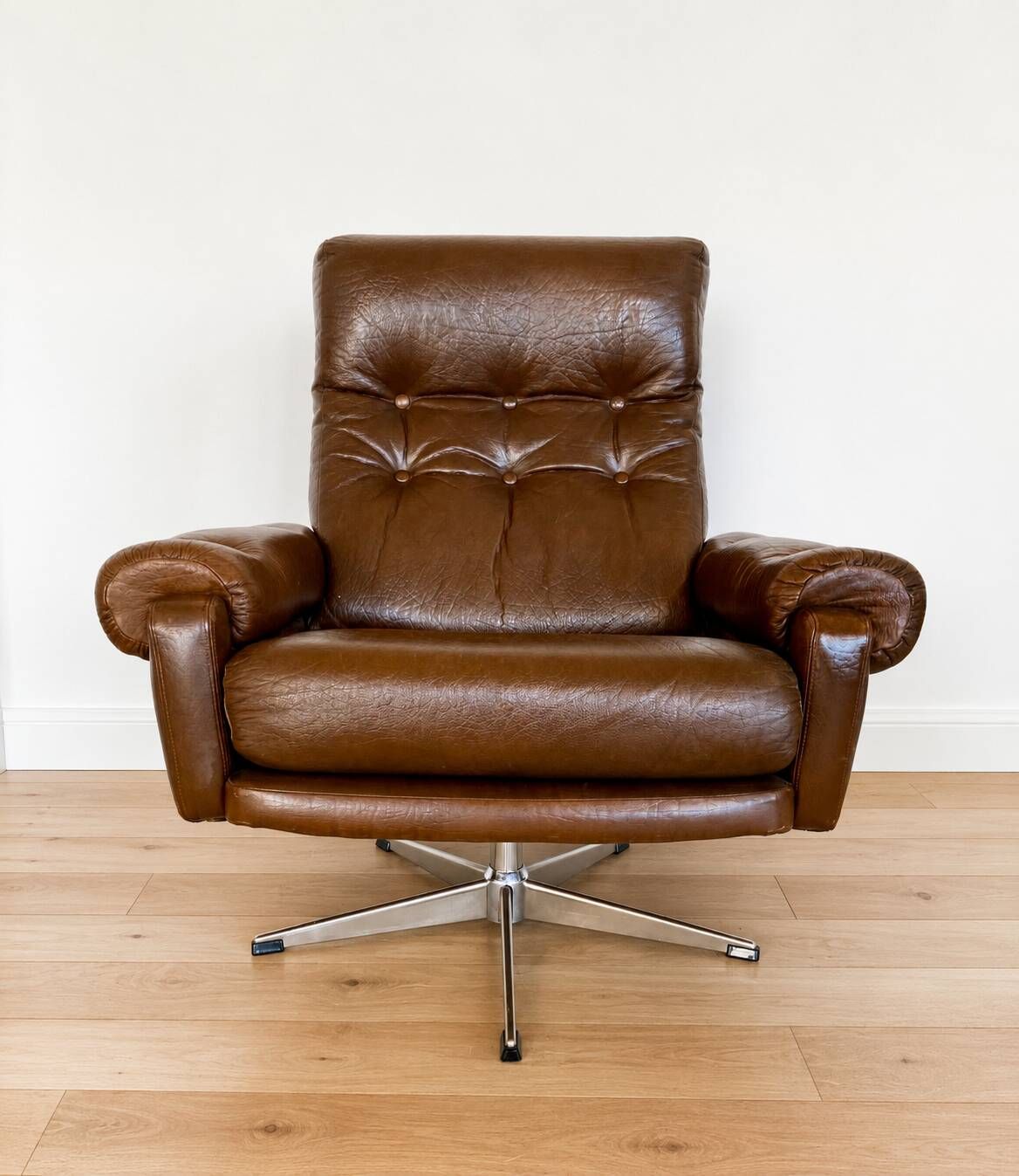 Vintage Danish mid-century brown leather swivel chair 1970s