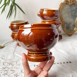 6 lion head bowls in ceramic, vintage brown style Emile Henry, made in France.