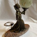 Art deco lamp in marble and bronze, woman holding a globe
