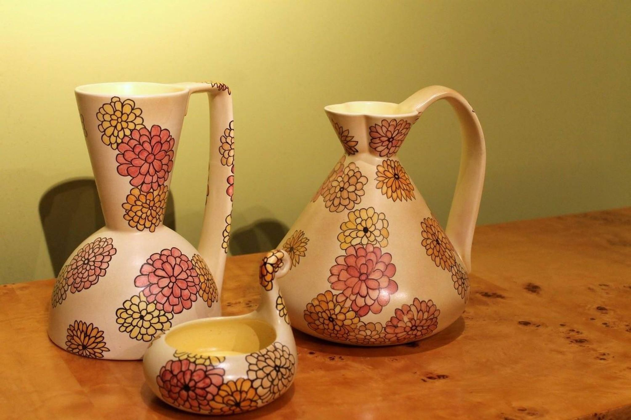 Italian Art Deco Ceramic Jug, Pitcher and Tray Set with Floral Patterns from Lenci, 1930s, Set of 3