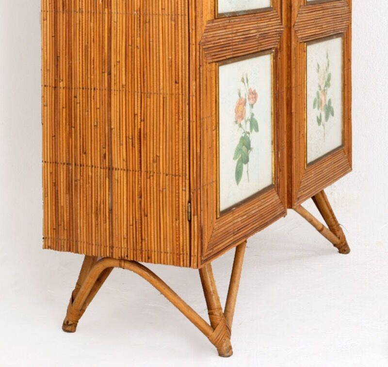 Split bamboo cabinet and engravings under glass 1960