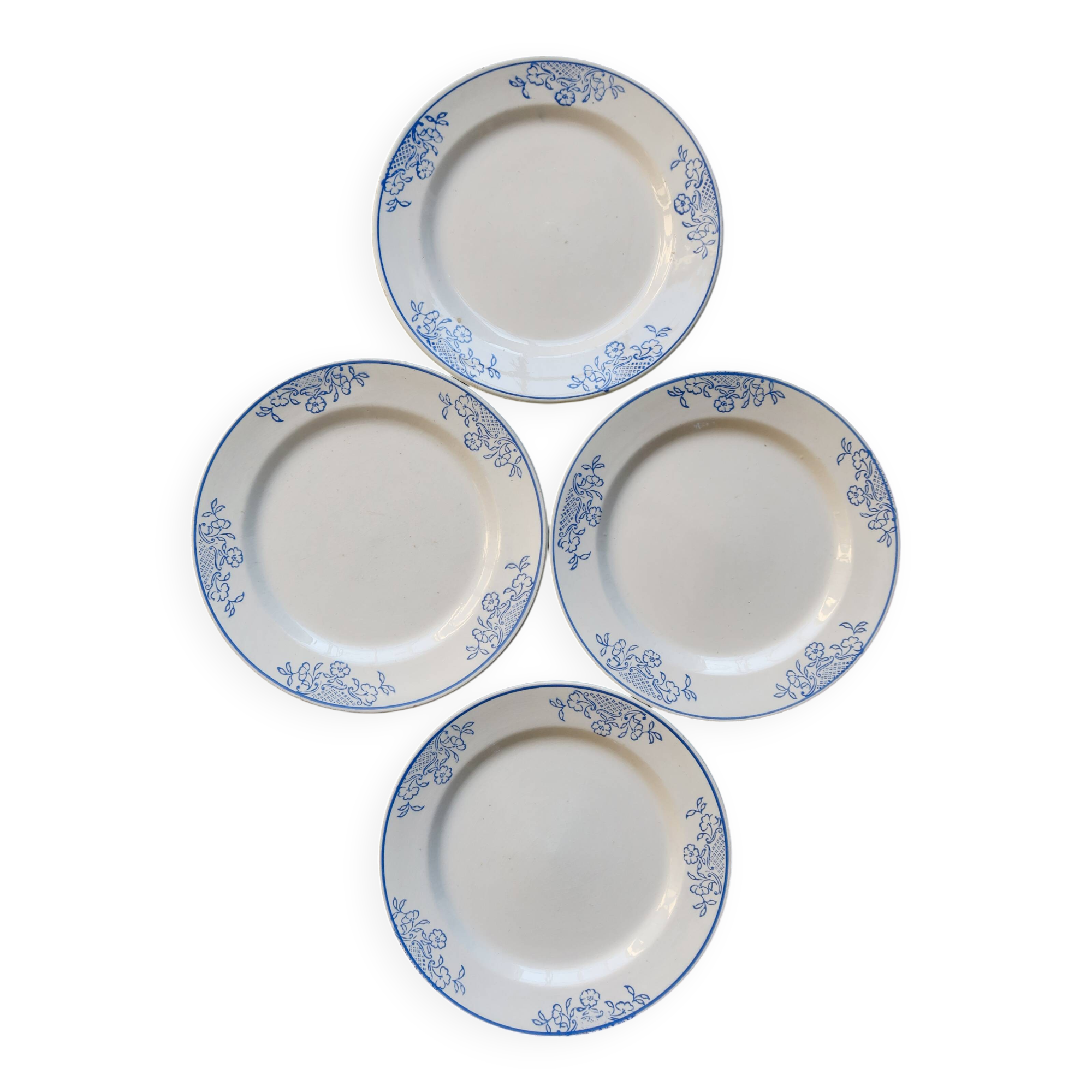 4 vintage ceramic dessert plates - Blue rim and floral pattern