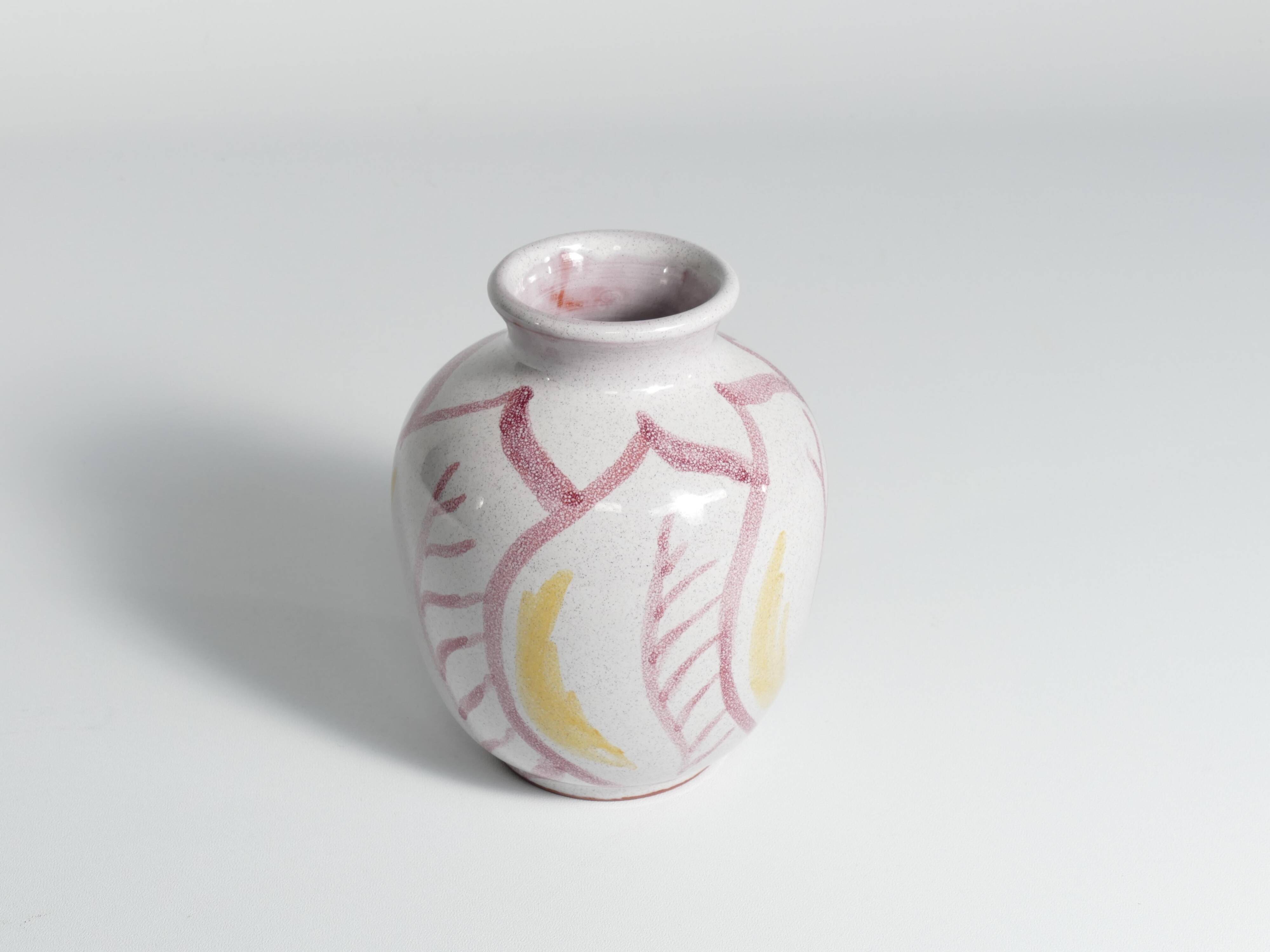 Scandinavian Modern Ceramic Vase with Red & Yellow Leaves, Alingsås Keramik 1947