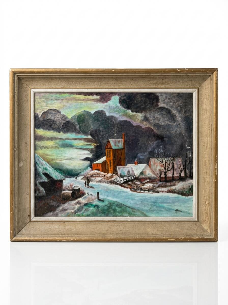 Tableau huile paysage hiver neige village signe H. Paris - Cadre