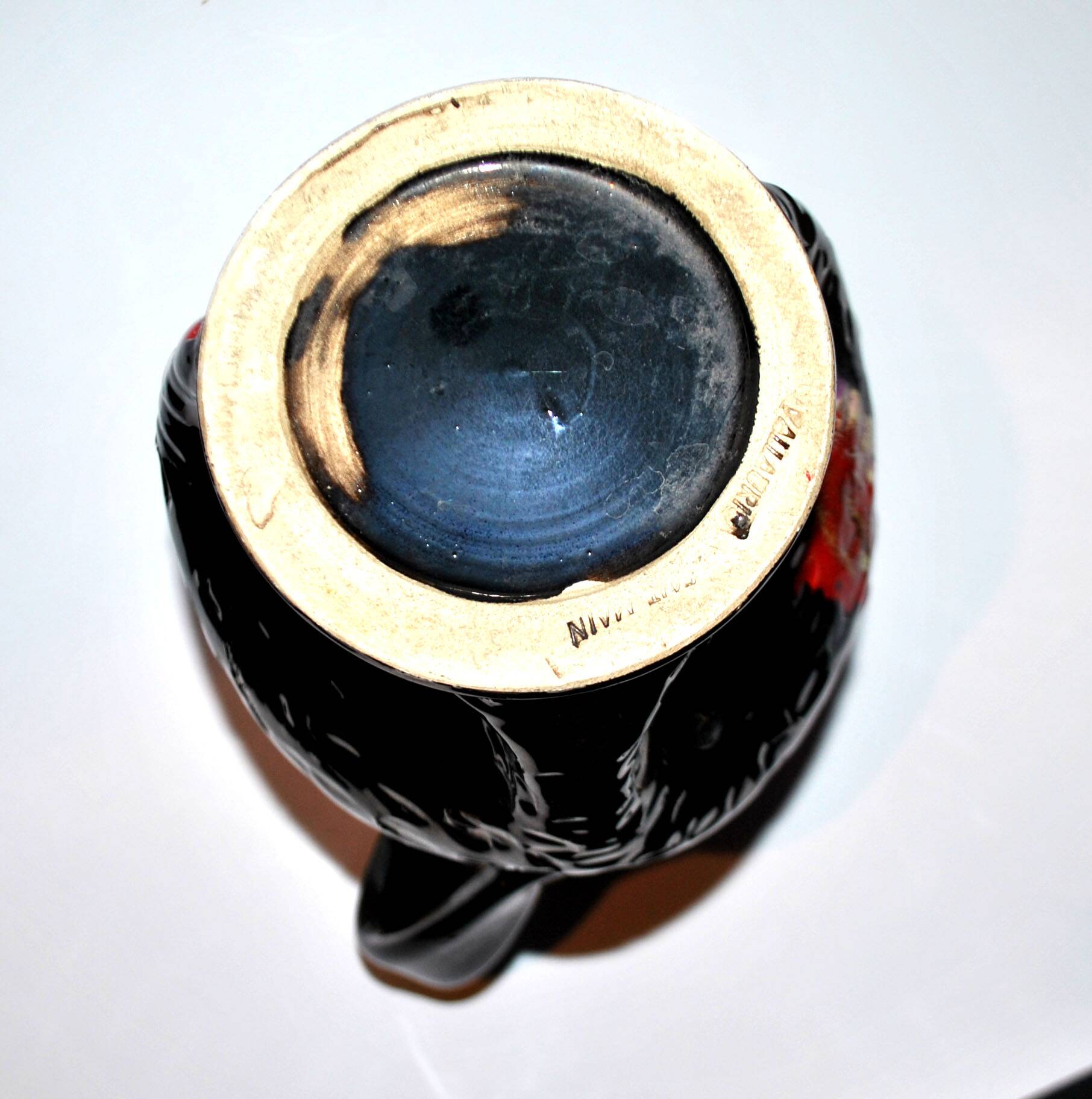 VALLAURIS ceramics Black and red enamelled vase with handle VINTAGE 1950-1960