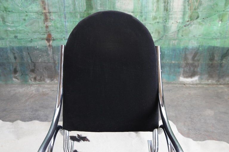 1970s chrome and black velvet sculptural rocking chair