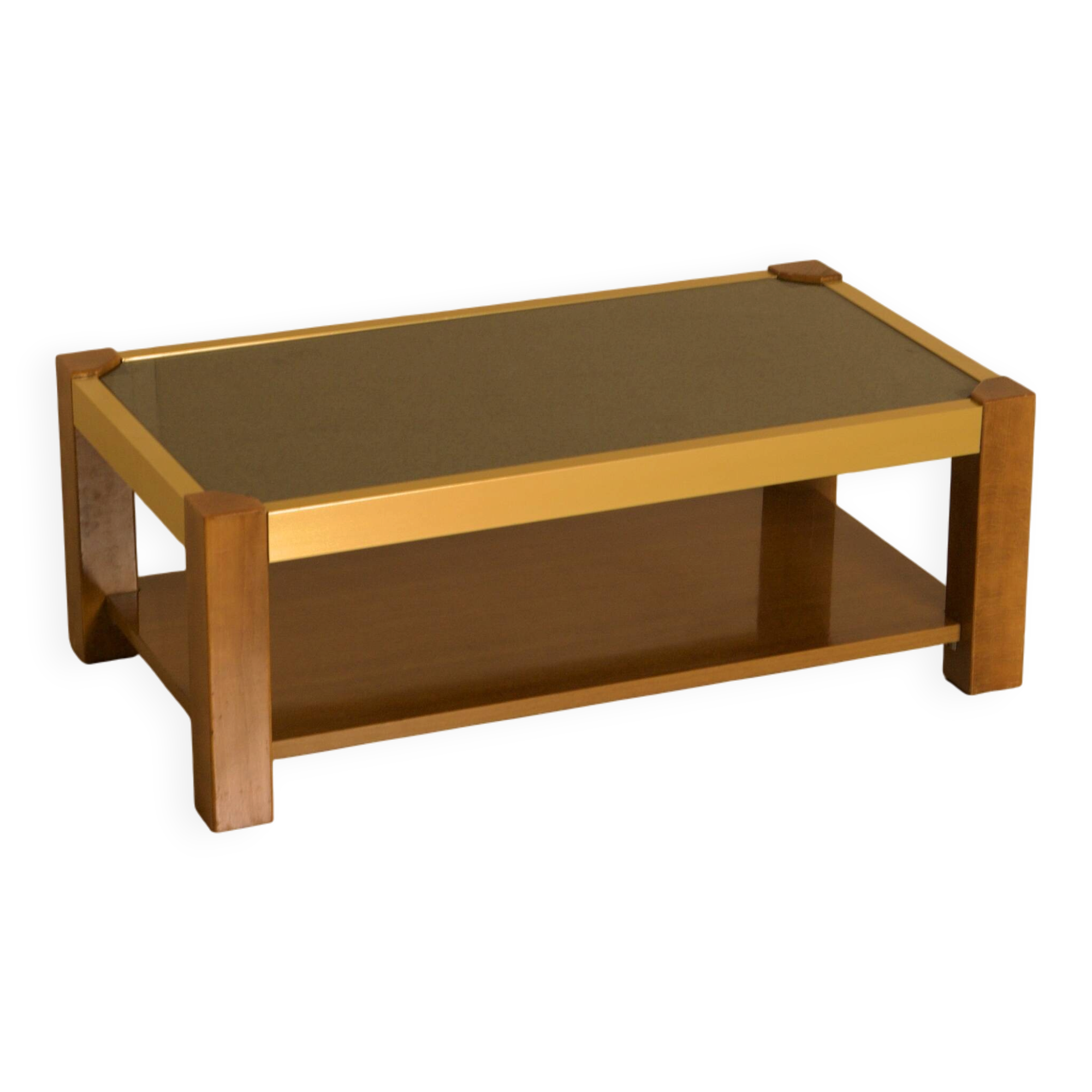 Rectangular Italian coffee table in wood and gold metal from the 70s.