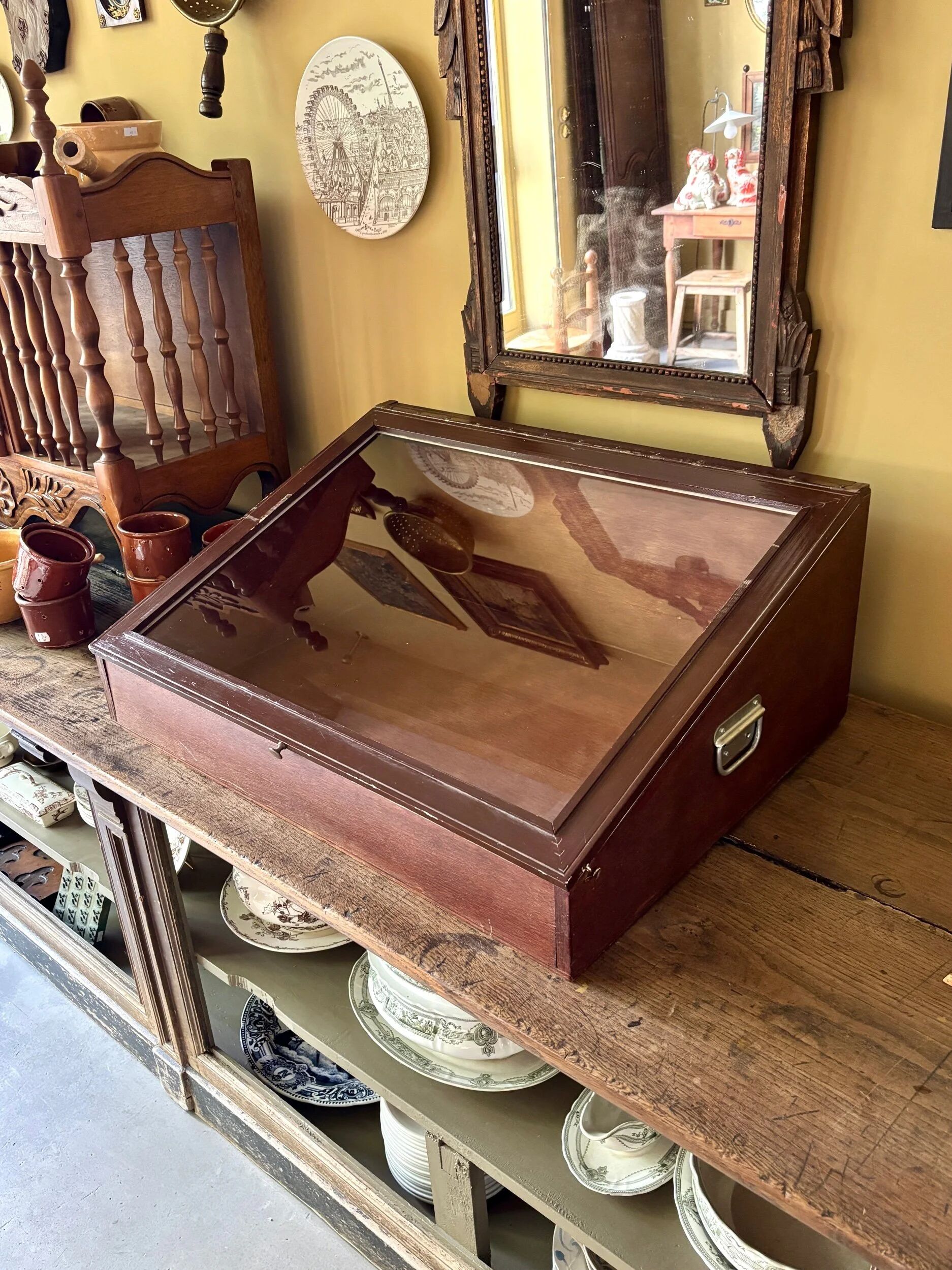 Vitrine de présentation en bois foncé et verre