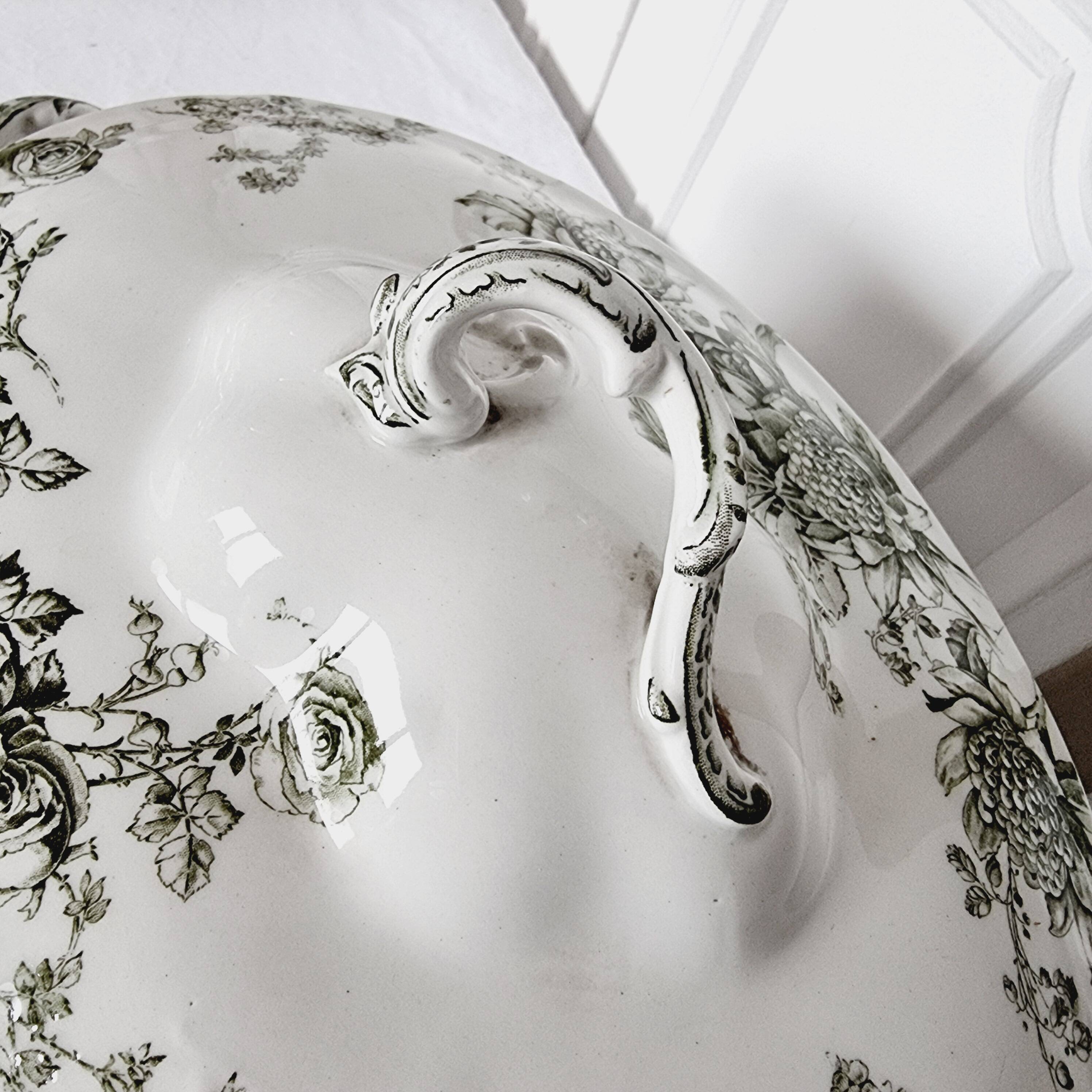 Antique Doulton Brurslem English Porcelain Tureen with Rose and Waratah Pattern from 1920