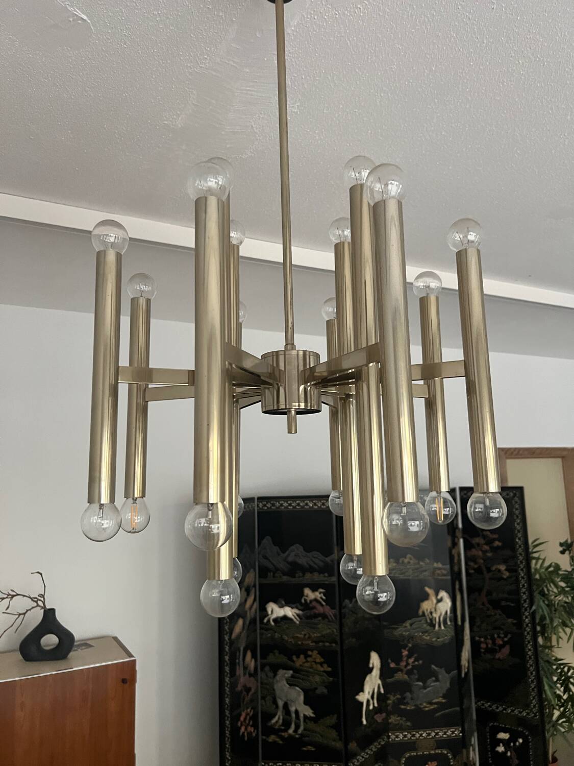 Grand lustre tubulaire Sciolari en laiton, Italie années 1960