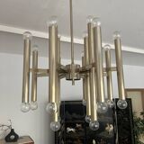 Grand lustre tubulaire Sciolari en laiton, Italie années 1960