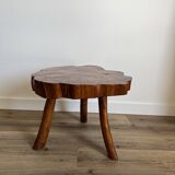 Brutalist coffee table, elm slice, tripod, 1960s
