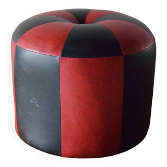 Pouf vintage rond en Skaï rouge et noir