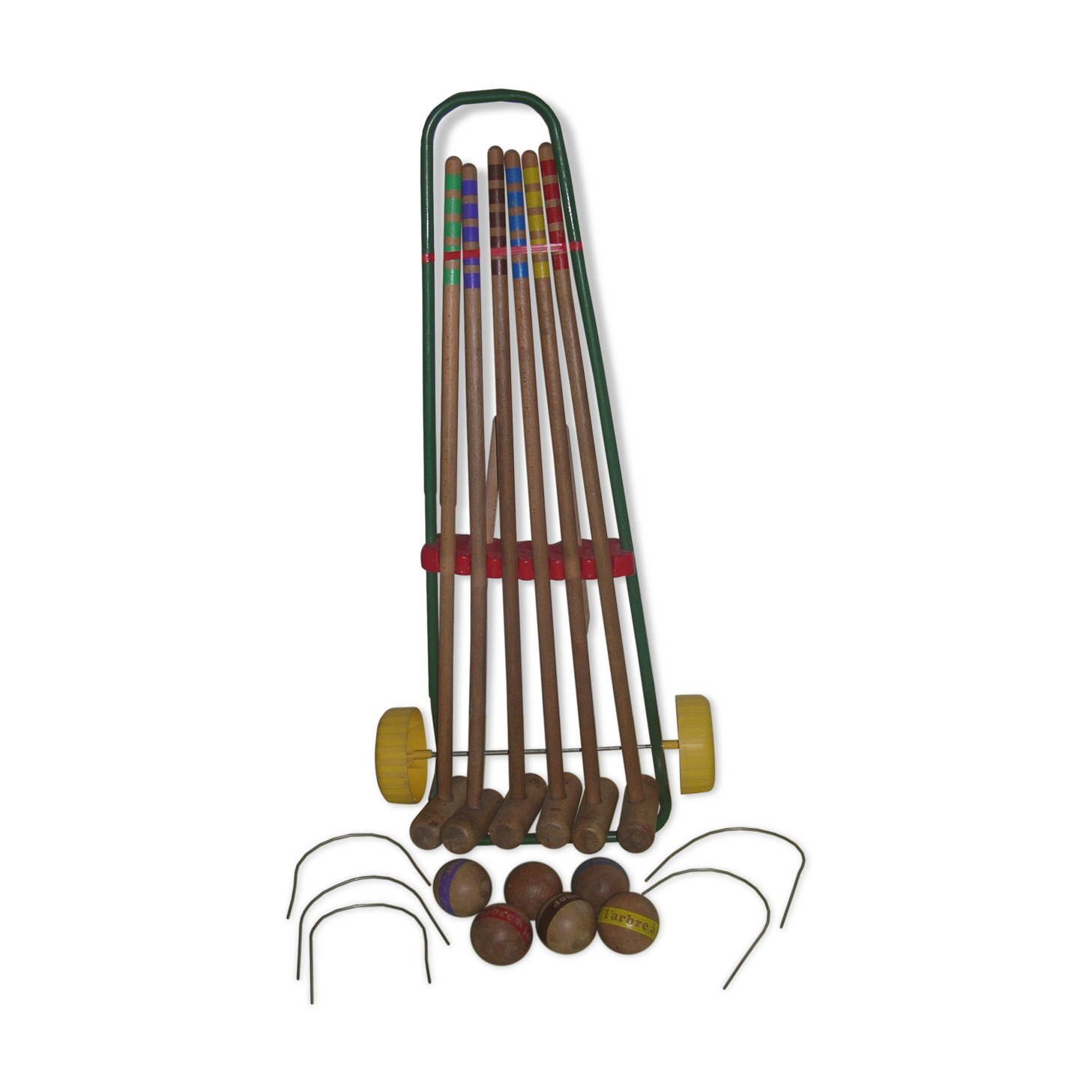 Wooden garden croquet game in its metal cart