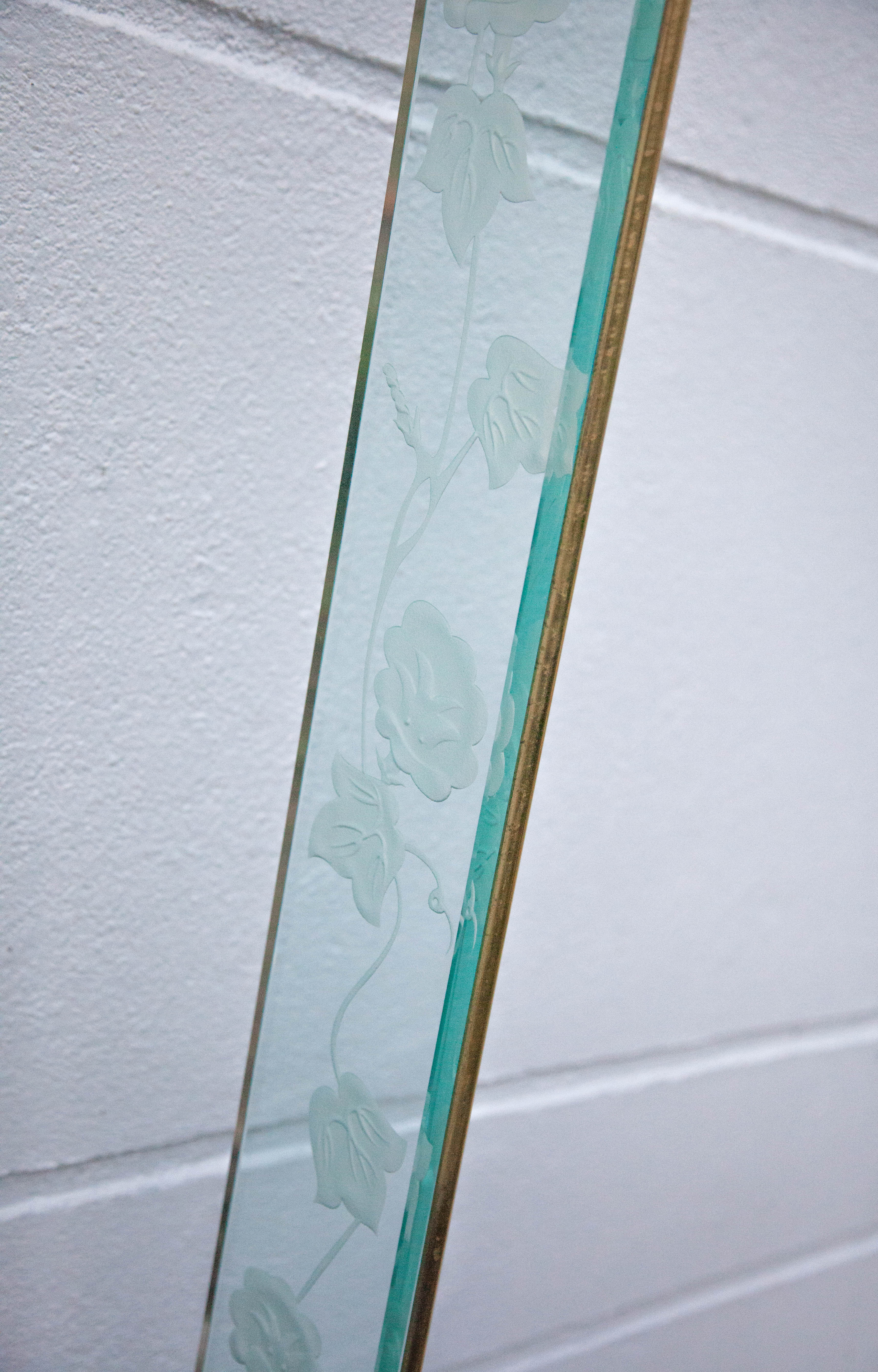 Floor lamp, brass halogen and engraved glass, attributed to Max Baguara, design lamp, 80's