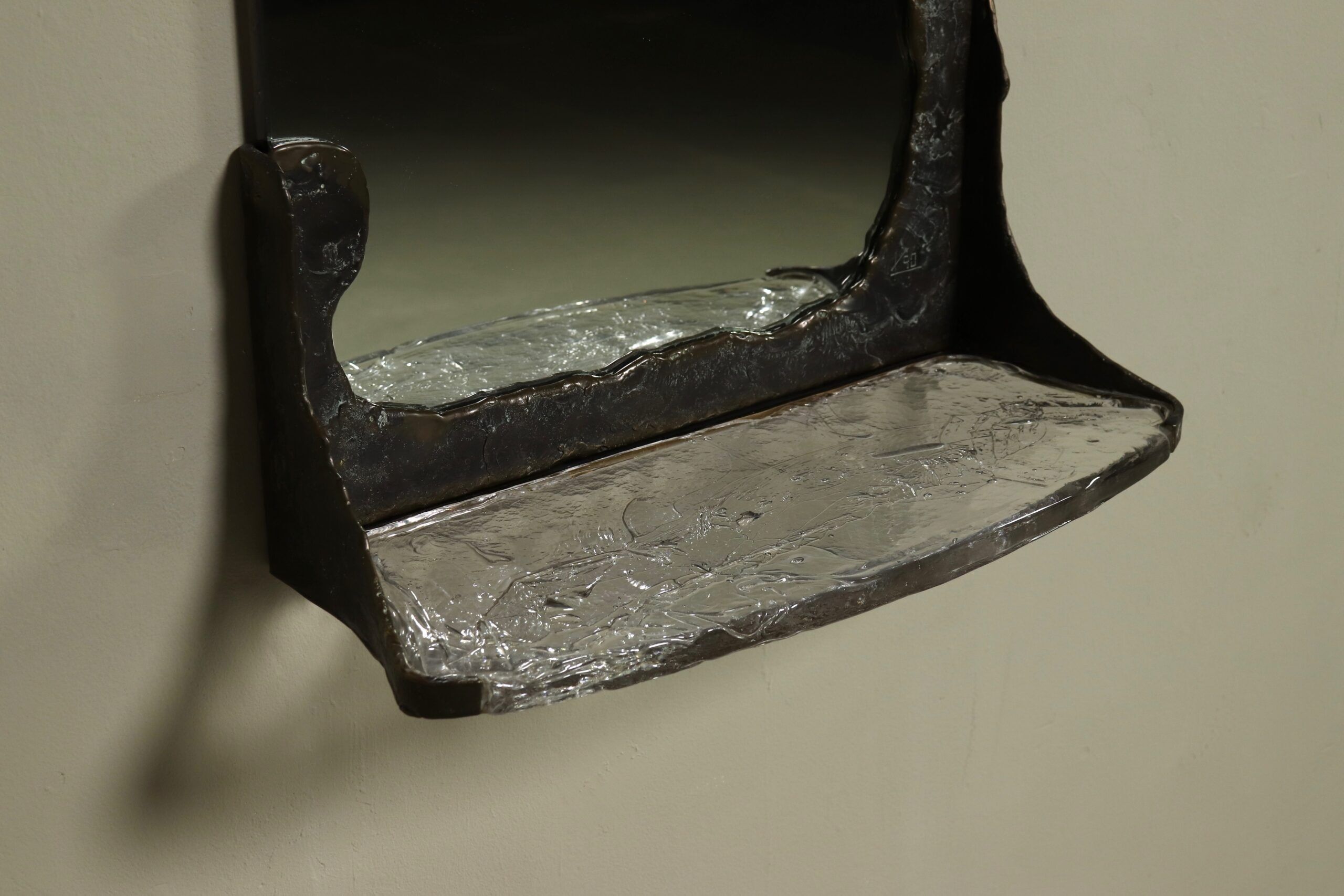 Lothar Klute sculptural bronze wall mirror with glass shelf 1990s