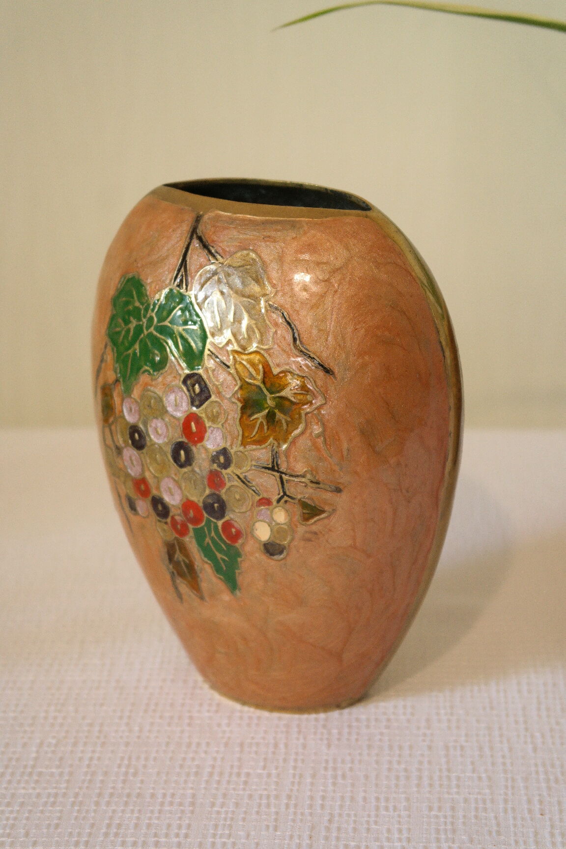 Vintage enamelled polychrome brass vase