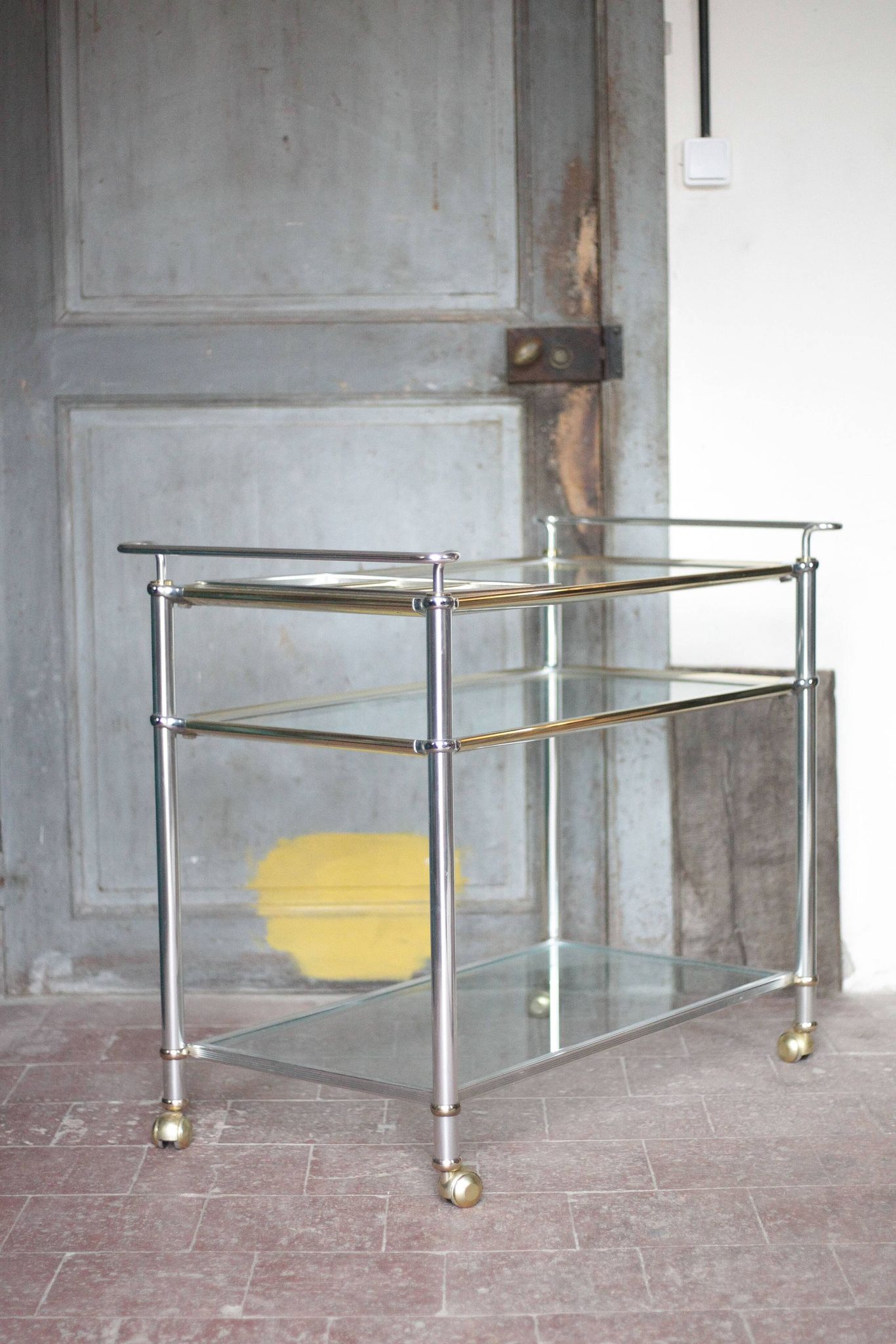 Vintage rolling dessert bar in gold metal and glass by Roche Bobois.