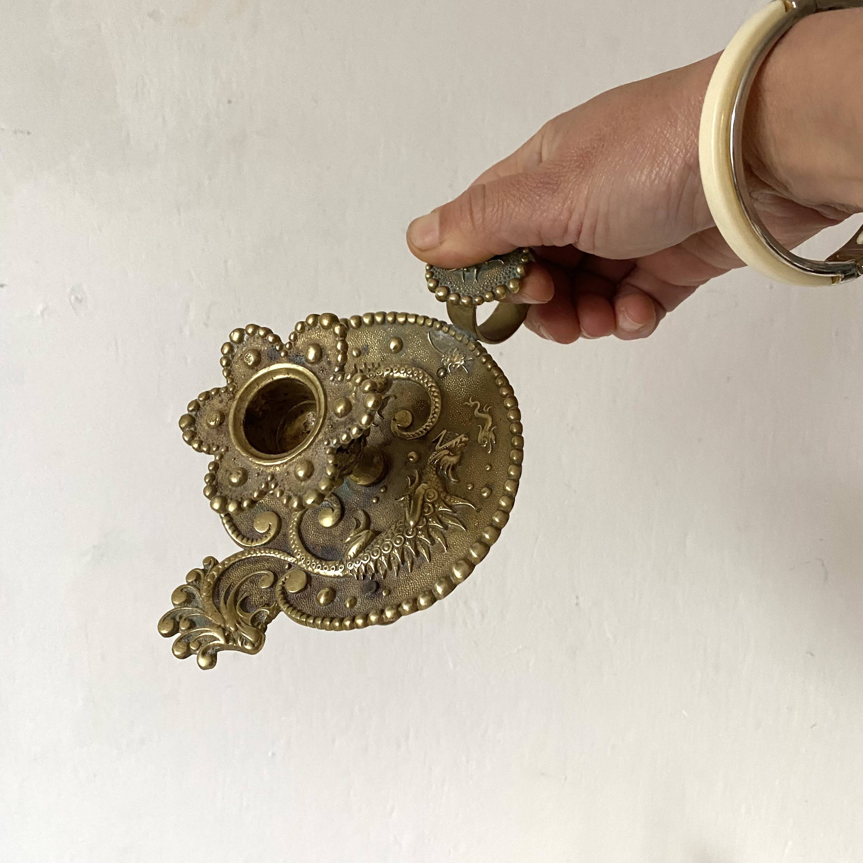 Brass thumb candle holder, scarab