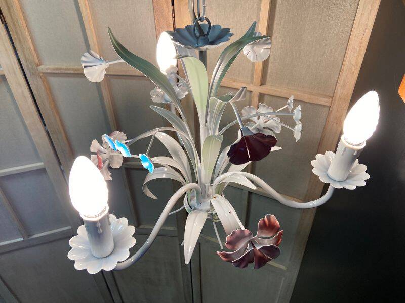 Antique florentine ceiling chandelier floral bouquet design 1970 decorative art sheet metal